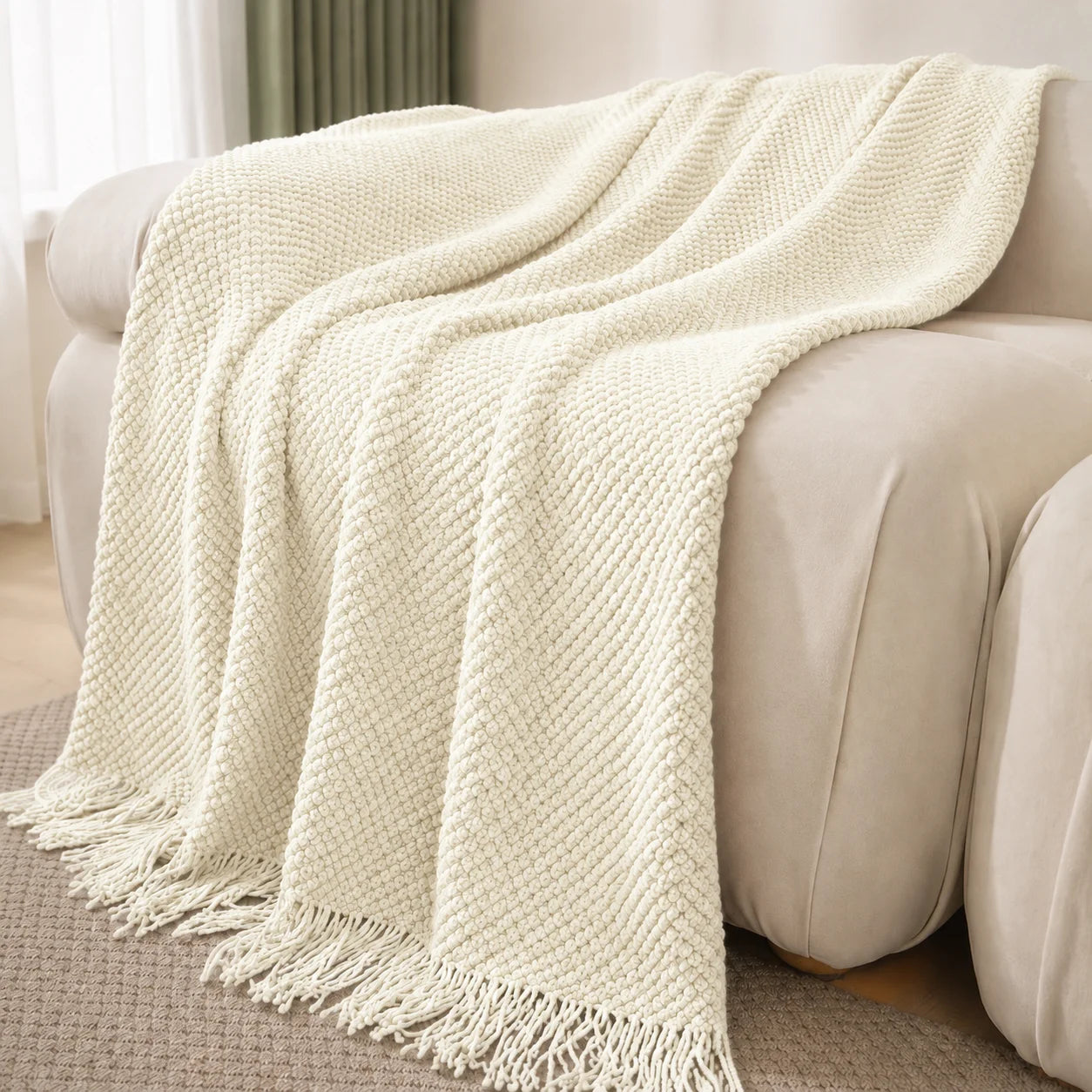 Textured Knit Throw Blanket with Tassel Fringe, Soft Knitted Decorative Blanket,