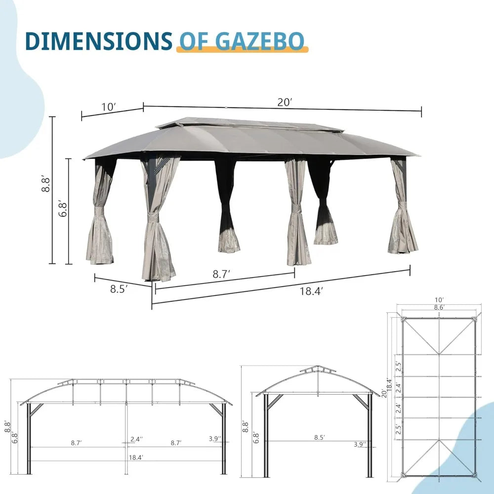Gazebo 10x20FT, Outdoor Gazebo with Double Roofs, Privacy Curtains