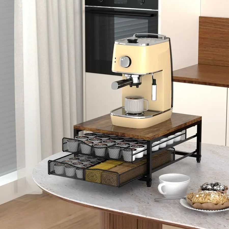Pod Holder For Counter, Wooden K Cup Holder with Sliding Drawer