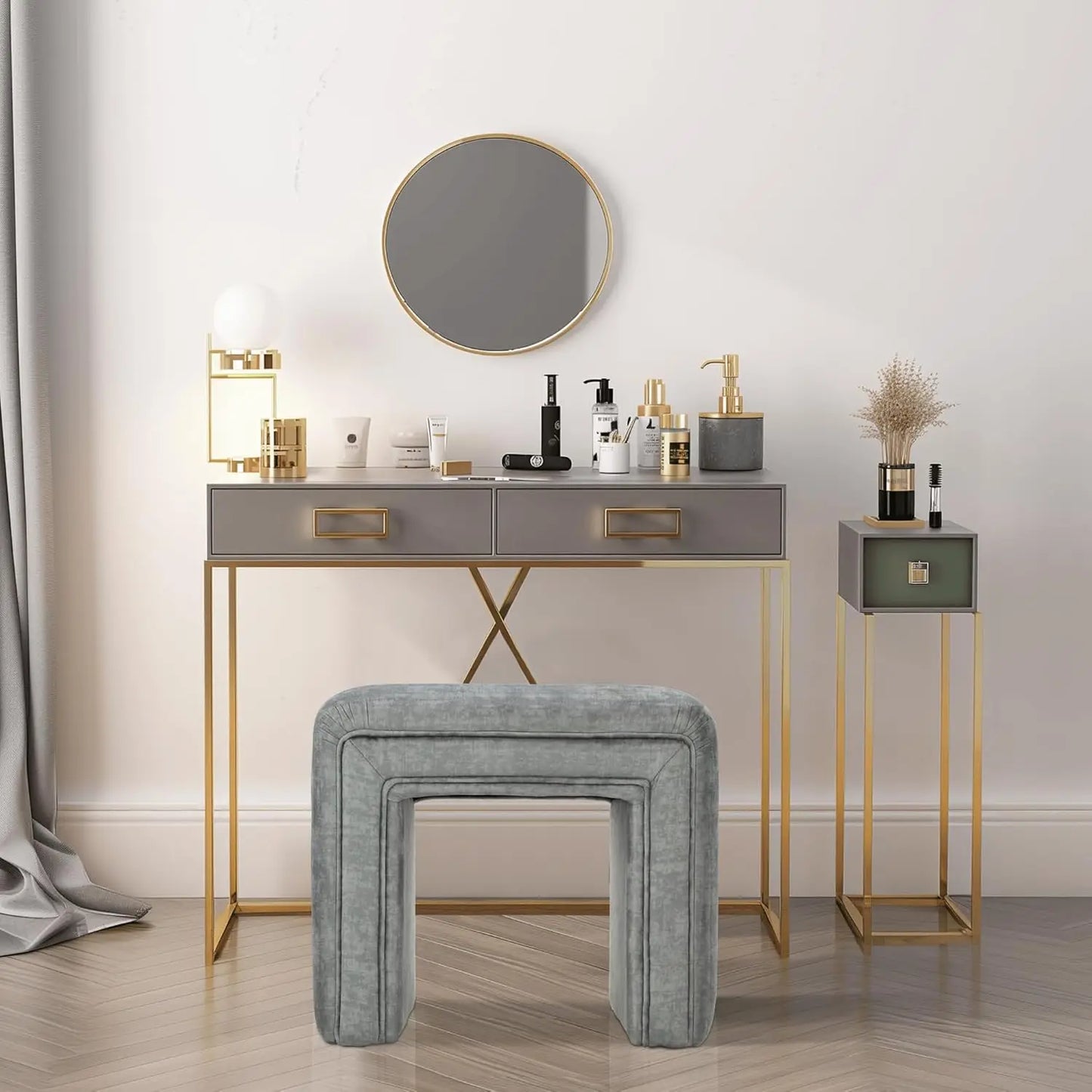 Vanity Stool Chair, Linen Ottoman Foot Stool