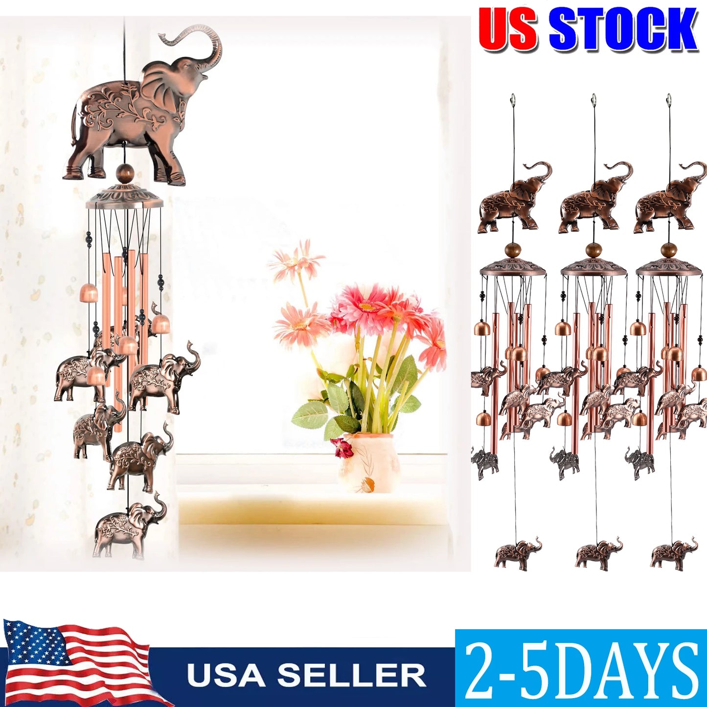 5/1pcs Elephant Wind Chimes with S Hook