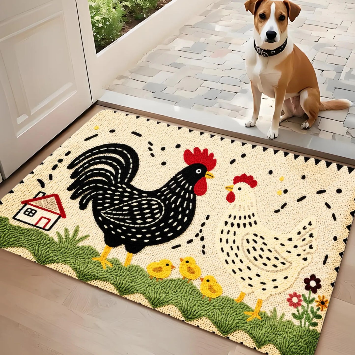 3PCS Kitchen Rugs,Rooster And Flowers Dining Mat