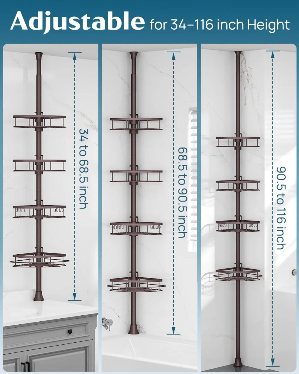 Adjustable Tension Pole Shower Caddy Organizer with 4 Baskets,