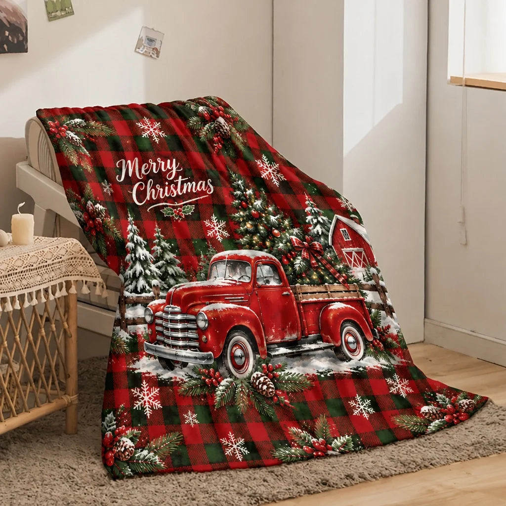 Christmas Throw Blanket with Plaid Truck & Tree Print