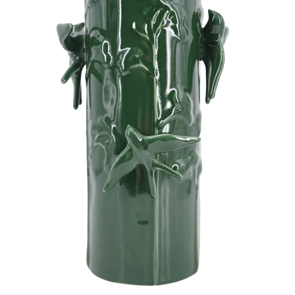 D7.9x18.9" Tall Green Ceramic Vase with Sculpted Birds and Vines