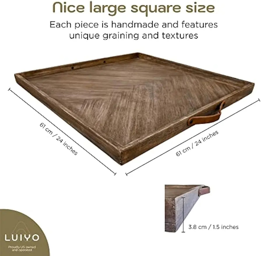 Large Ottoman Wood Tray- with Leather Handle 24 x 24 x1.5 Inches
