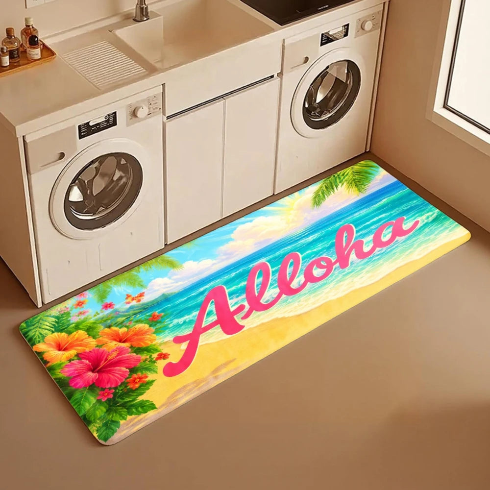 3PCS Rugs, Aloha Beach Palm Flowers Sky Ocean Sun Dining Mat
