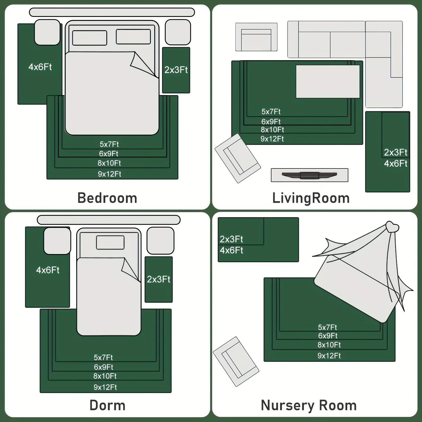 Dark Green Soft Shaggy Non-Slip Rugs with 4 Rug Stickers