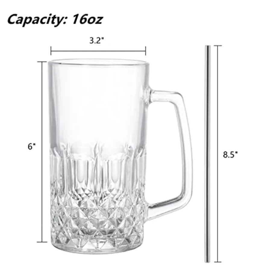6 Pack 16 Oz Glass Beer Mug, Stainless Steel Straws,