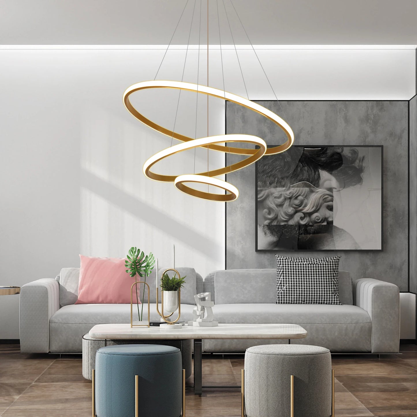 LED Chandelier for High Ceiling, Dimmable 3-Ring