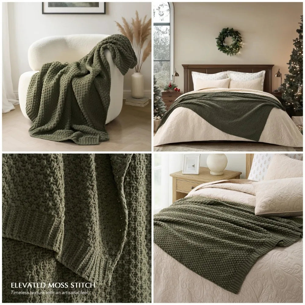 Chunky Chenille Knit Throw Blanket Soft Luxurious Moss Stitch