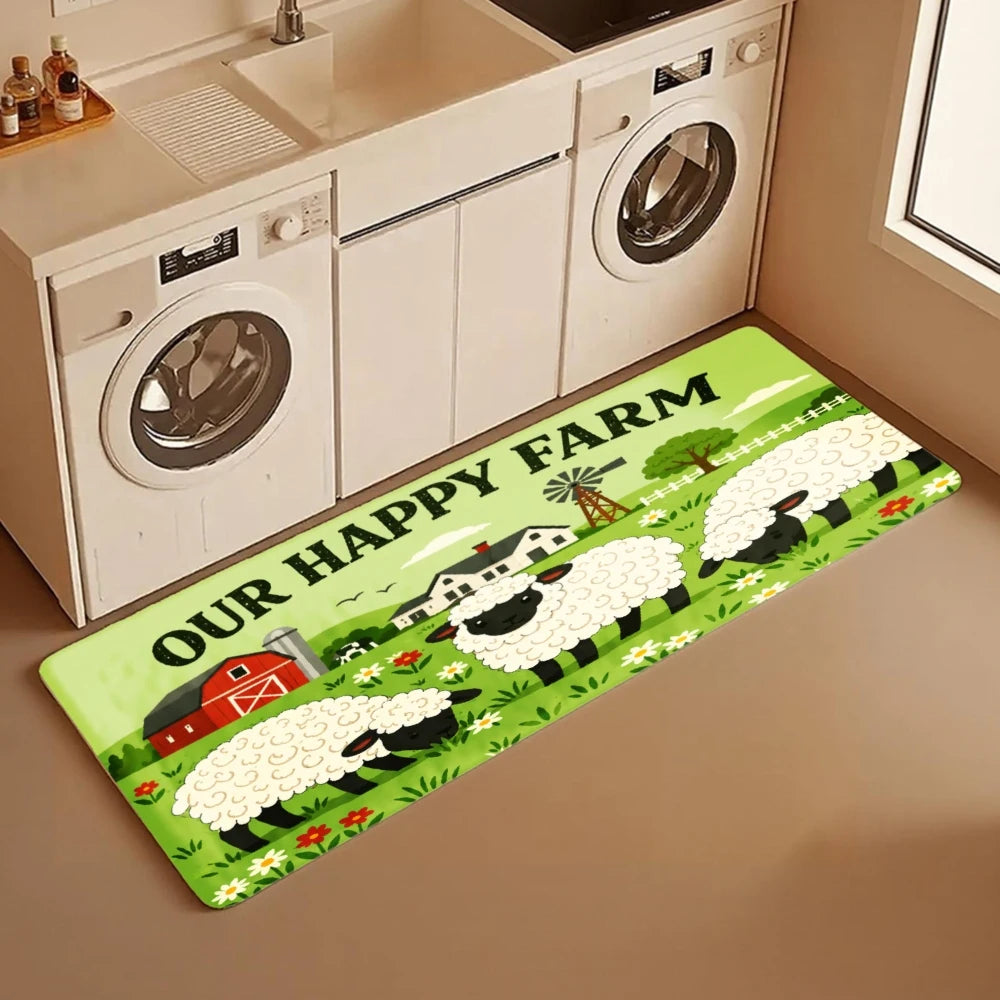 3PCS Kitchen Rugs,Home Decoration for Front Door, Kitchen, Bathroom, Our Happy Farm Sheep Barn Field Dining Mat