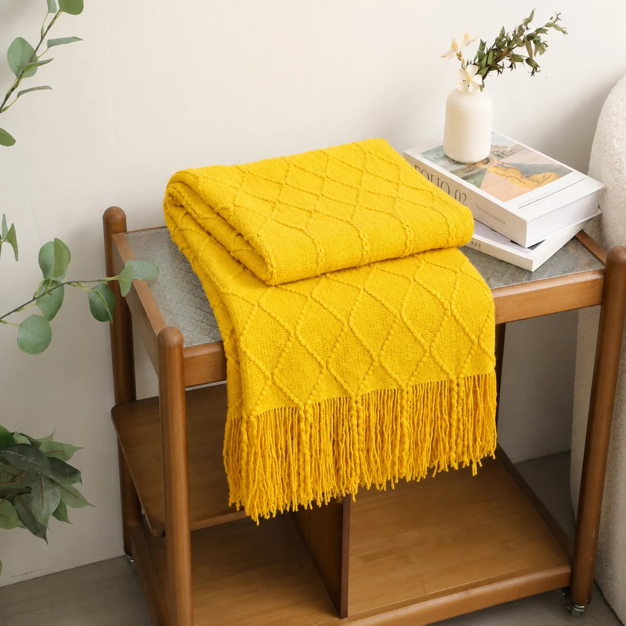 Cream Popcorn Bobble Textured Knit Throw Blanket with Tassel Fringe,