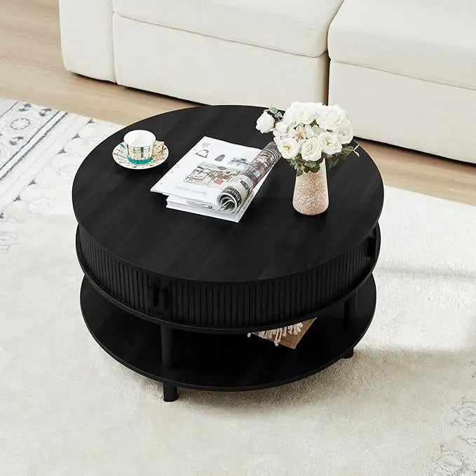 31.5” Round Coffee Table with Storage, Mid Century Modern 2 Tier Coffee Table with Tambour Sliding Door, Solid Wood Legs Fluted