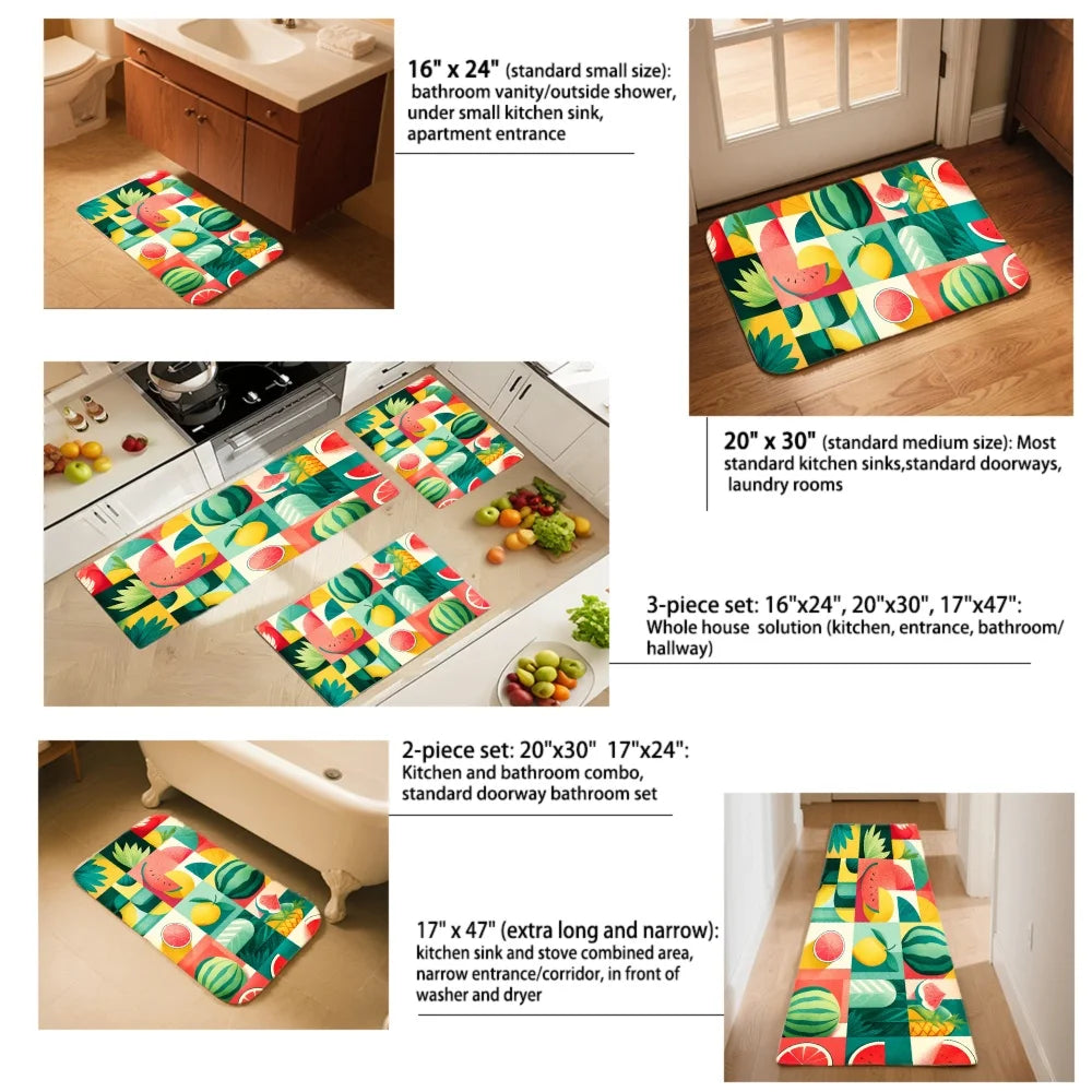 3PCS Mat Tropical Fruit Pattern With Watermelon Pineapple Mango Kitchen Rug.