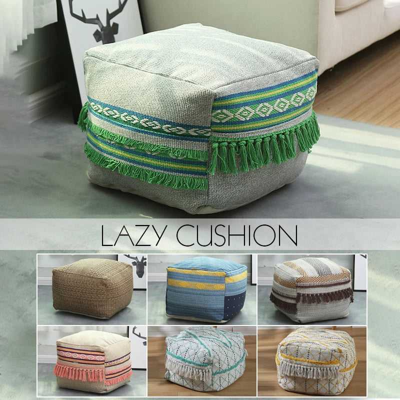 Square Multi-Pattern Moroccan Cotton And Linen Footstool