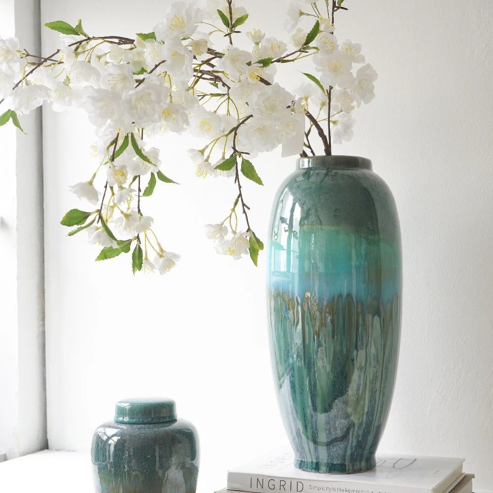 D7x15.9" Decorative Ceramic Vase with Blue Green Reactive Glaze Flowers
