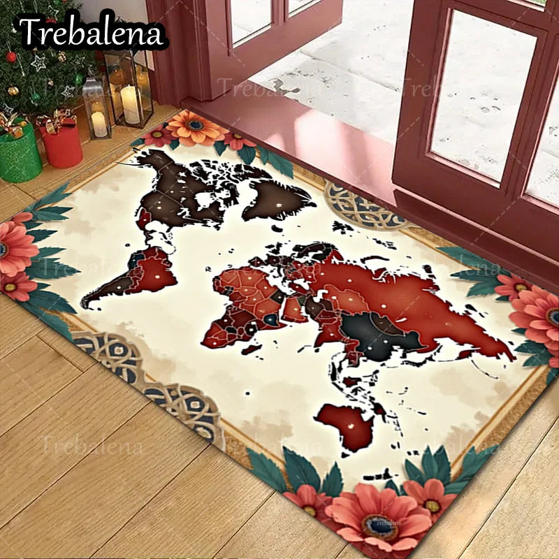 1pc Welcome Door Mat World Map Floral Border Area Rug