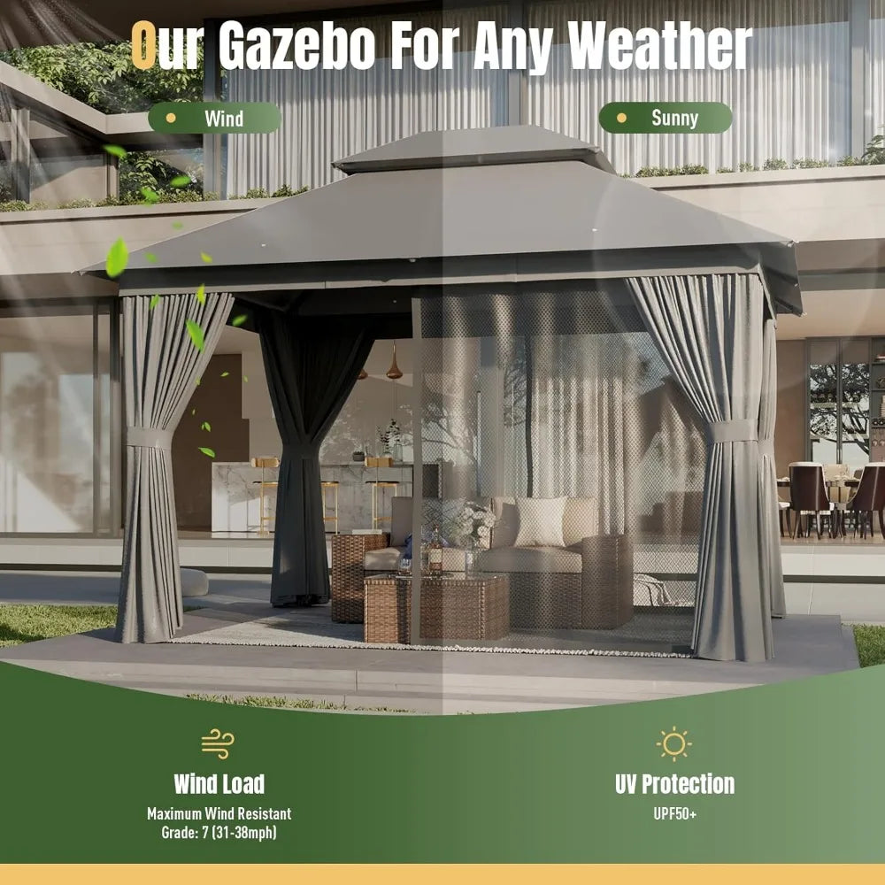 Outdoor Gazebo for Patio 10x12, Metal Frame Double Roofs,