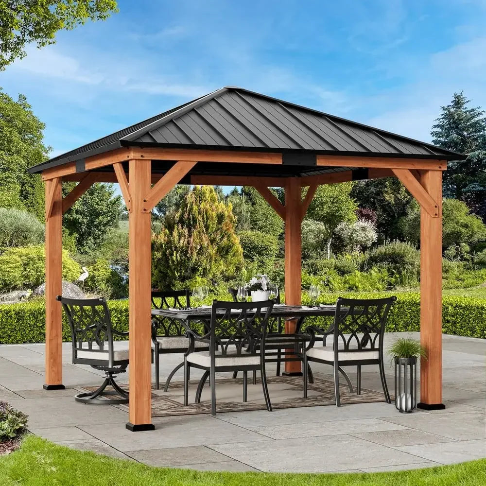 ern Shade Tranquil Grove Wood Gazebo 10' x 10', Hardtop Gazebo Permanent with Galvanized Steel Roo, CeOutdoor Gazebo with Sturdy