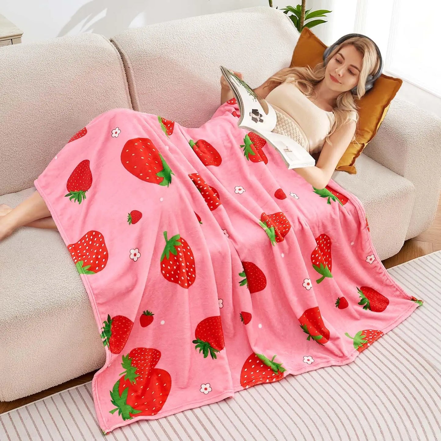 Pink Strawberry Themed Soft Fuzzy Flannel Throw Blanket