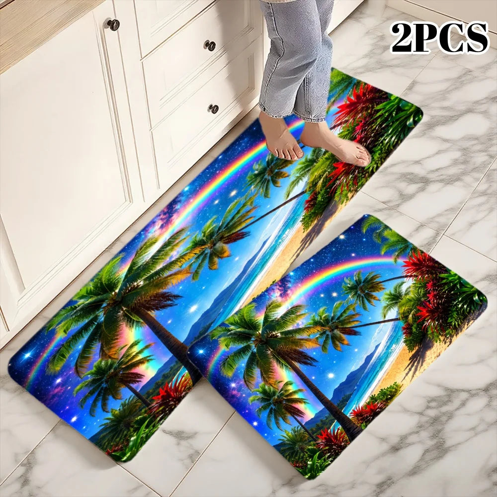 3PCS Kitchen Rugs, Tropical Palm Trees Rainbow Beach Sunset