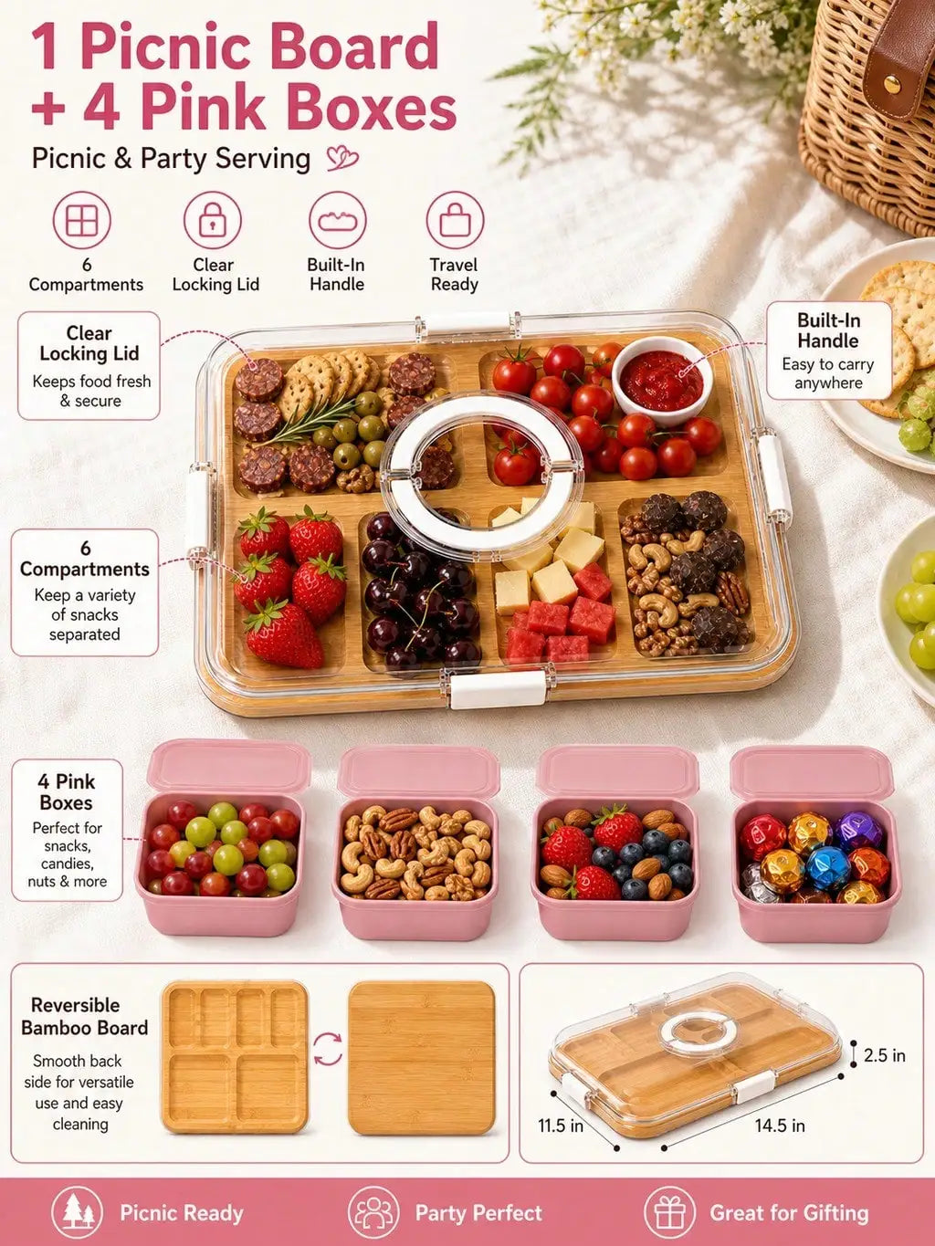 Portable Bamboo Charcuterie Board Set with Clear Lid