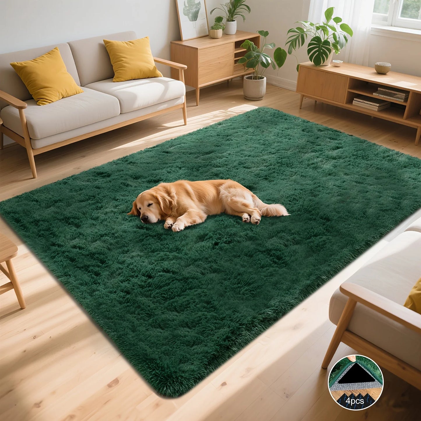 Dark Green Soft Shaggy Non-Slip Rugs with 4 Rug Stickers