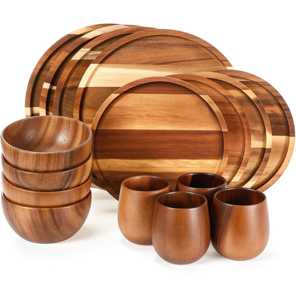 16-Piece Acacia Wood Dinnerware Set: Round Plates, Bowls & Cups
