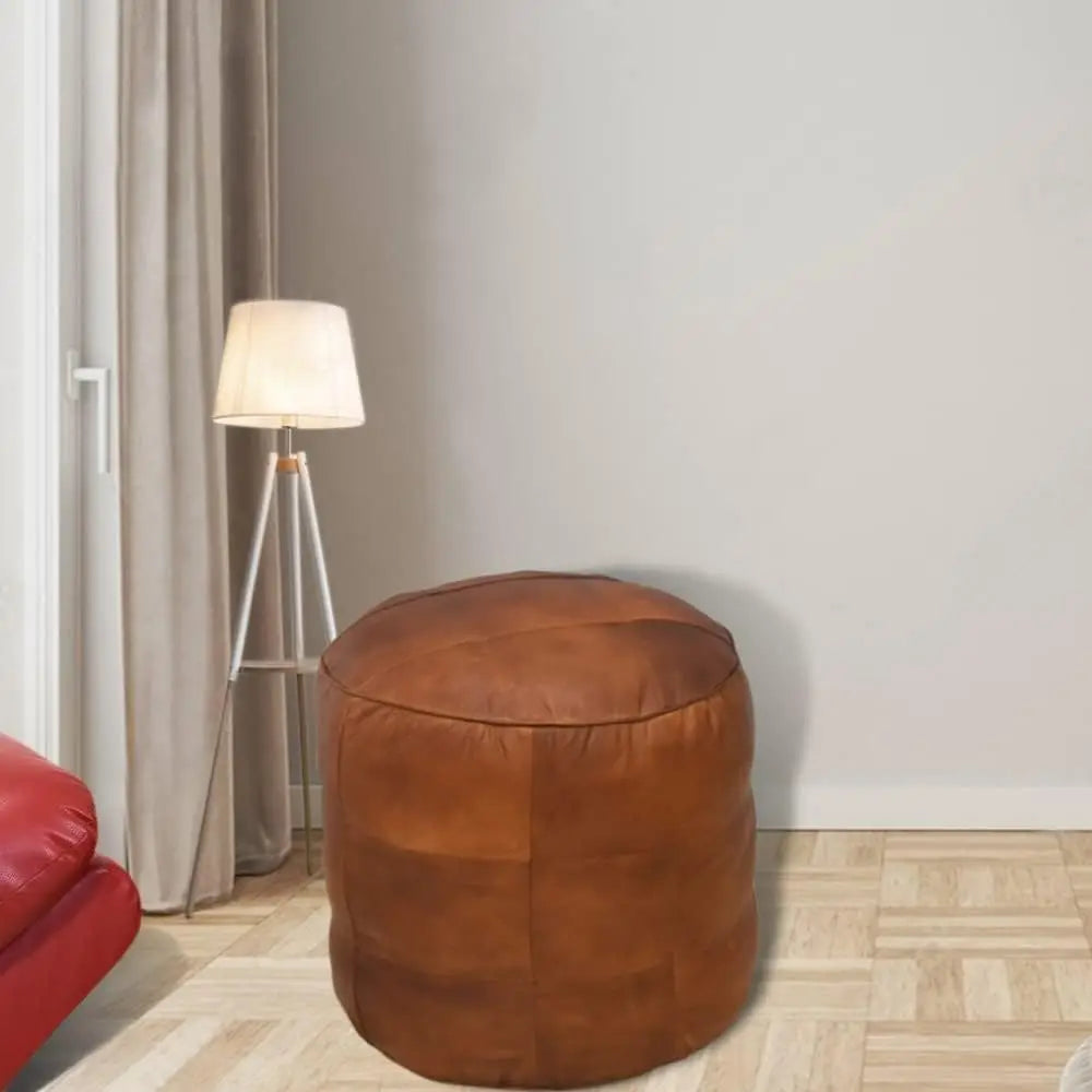 Round Shaped Leather Handmade  Cognac Pouf , 14" x 14"x 14",