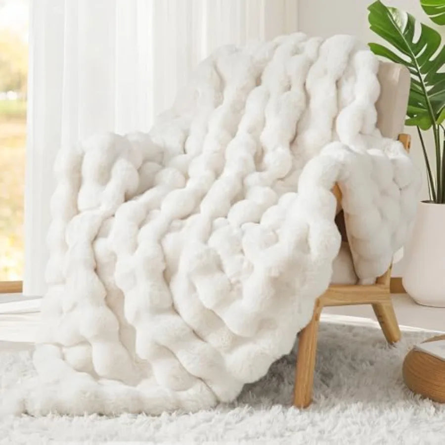 Luxury 1000GSM Faux Rabbit Fur Throw Blanket, Super Heavy Warm