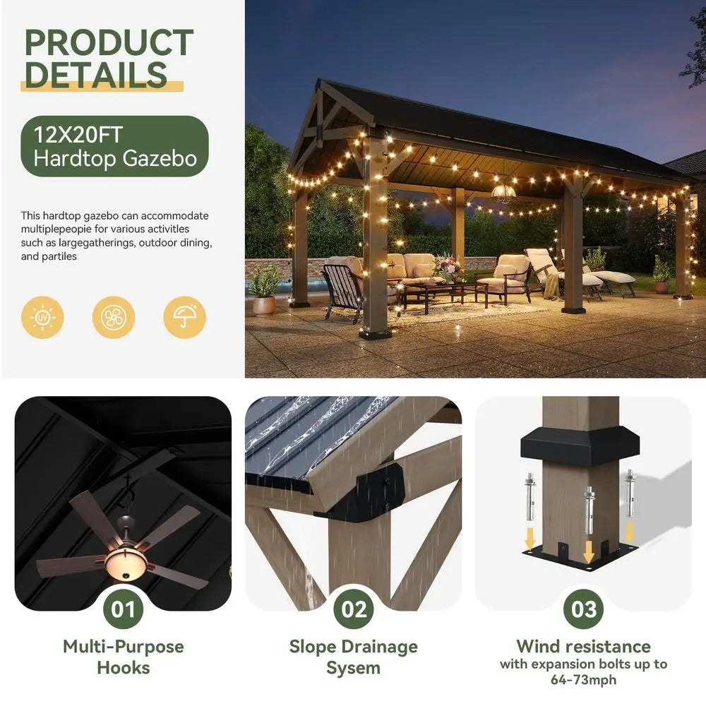 12 x 20 Outdoor Wood Gazebo, Hardtop, Wooden Pavilion