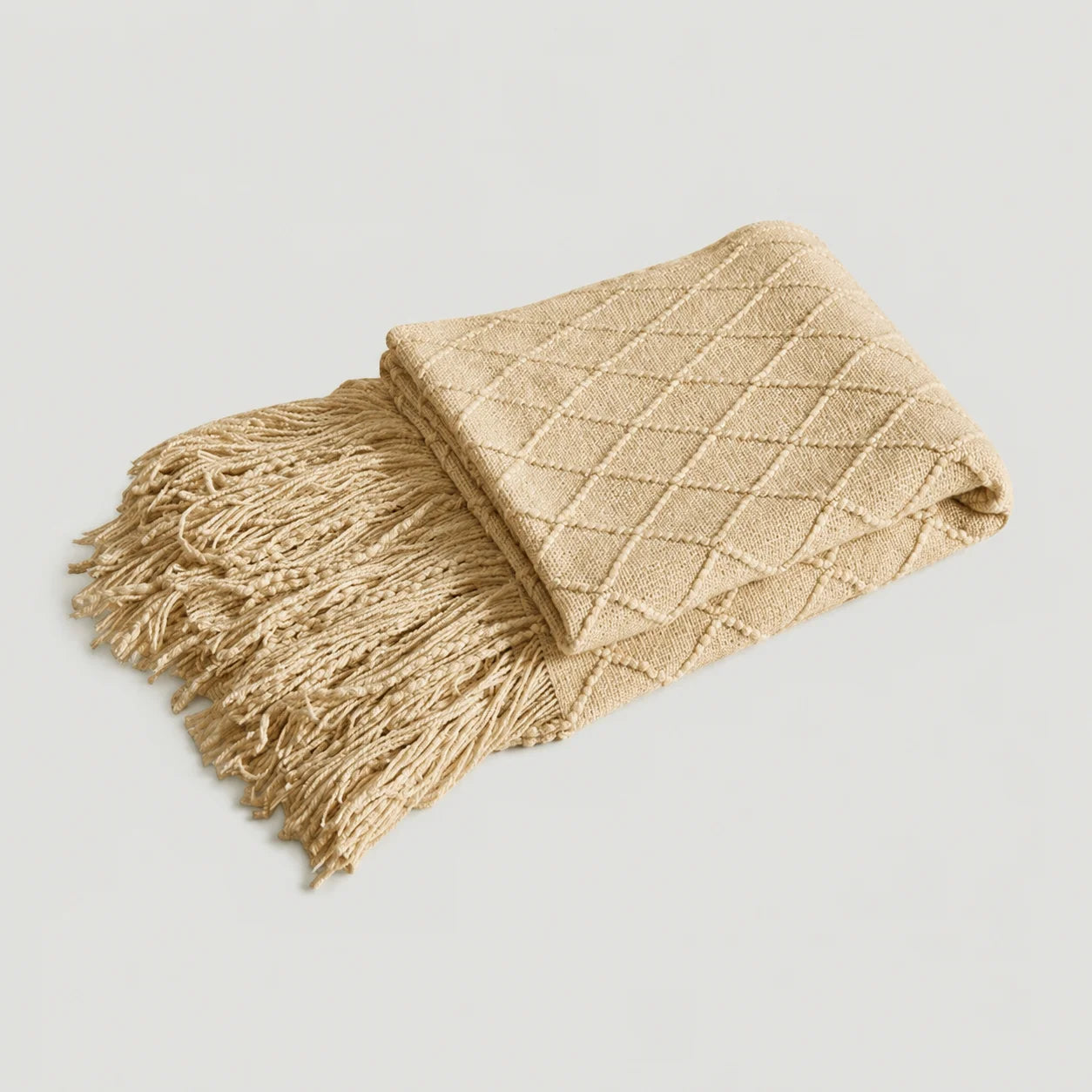 Khaki Popcorn Bobble Textured Knit Throw Blanket with Tassel Fringe, Soft Knitted Decorative Blanket, Lightweight Cozy Cover for Couch Sofa Bed, Boho Farmhouse Home Decor for Living Room Bedroom