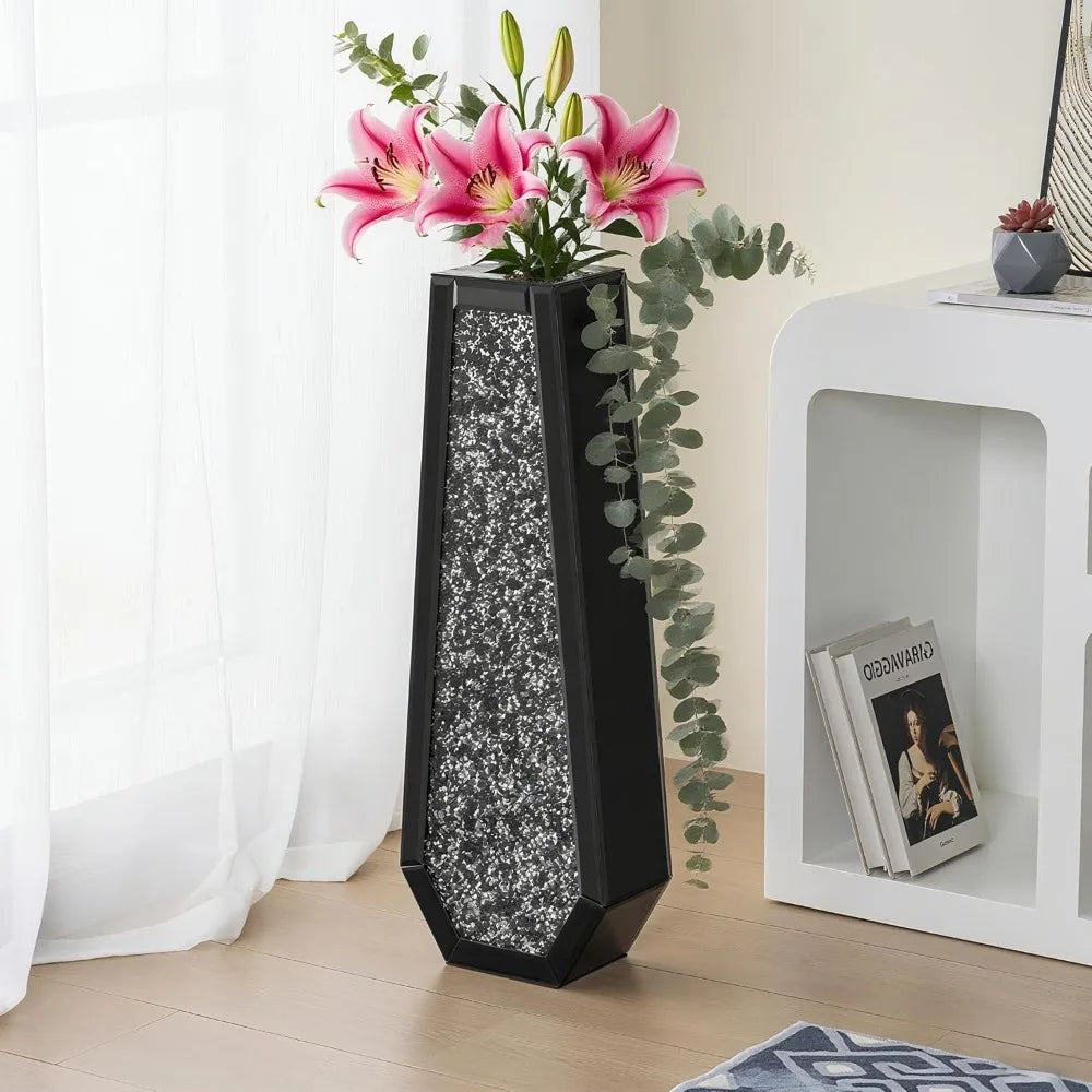 Elegant 30-inch Tall Black Crystal Glass Floor Vase