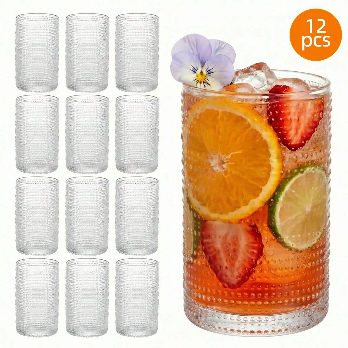 12/16pack Hobnail Drinking Glasses, 12 Oz Highball Glasses & 10 Oz Cocktail Glasses,
