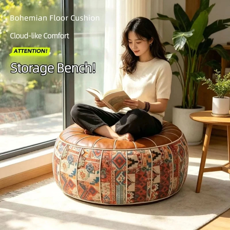 Round Storage Ottoman Pouf, Padded Footstool with Soft Item Organiser