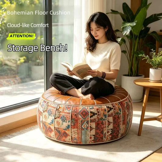Round Storage Ottoman Pouf, Padded Footstool with Soft Item Organiser