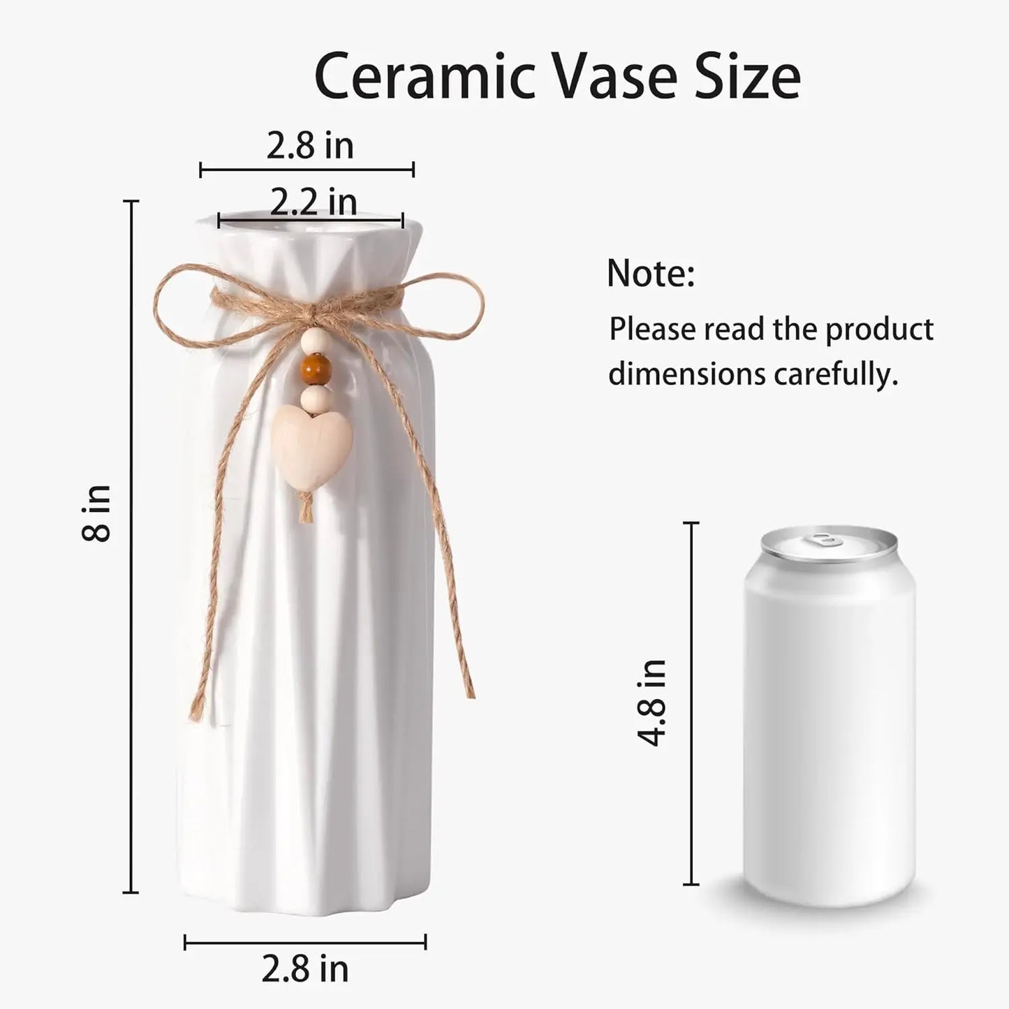 8 Inch Geometric Ceramic Vase with Jute Rope & Heart Charm