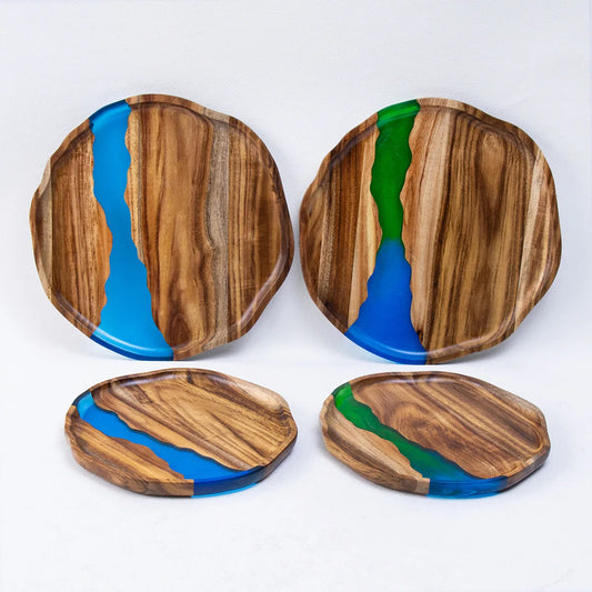 Acacia wood epoxy resin craft tray; tea tray; round plate; resin river