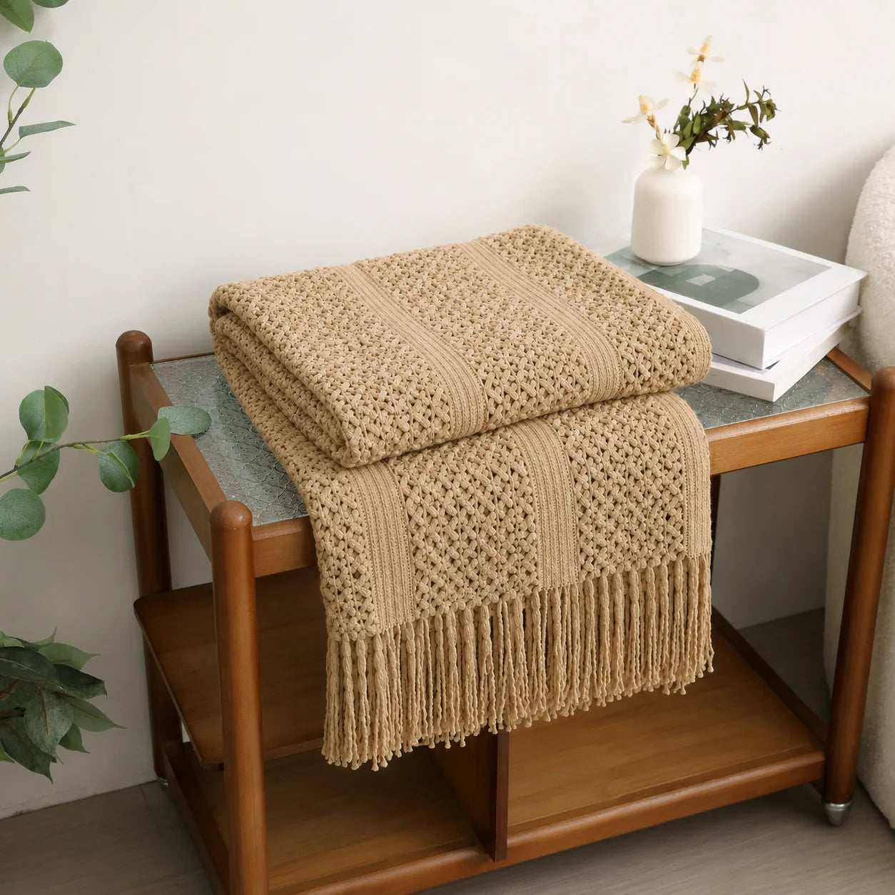 Cream Popcorn Bobble Textured Knit Throw Blanket with Tassel Fringe,