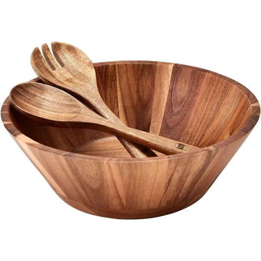 Large Acacia Wood Salad Bowl Set with Utensils, 12"