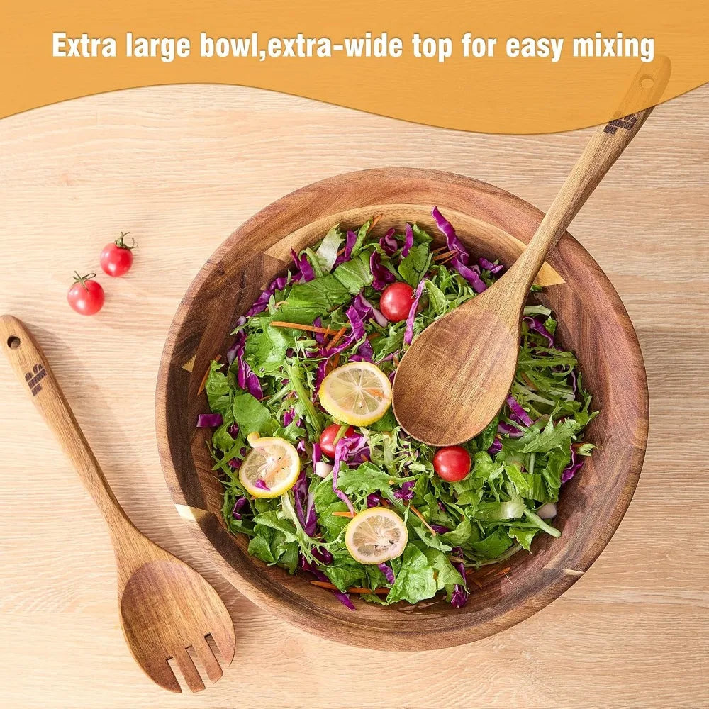 Large Acacia Wood Salad Bowl Set with Utensils, 12.5"