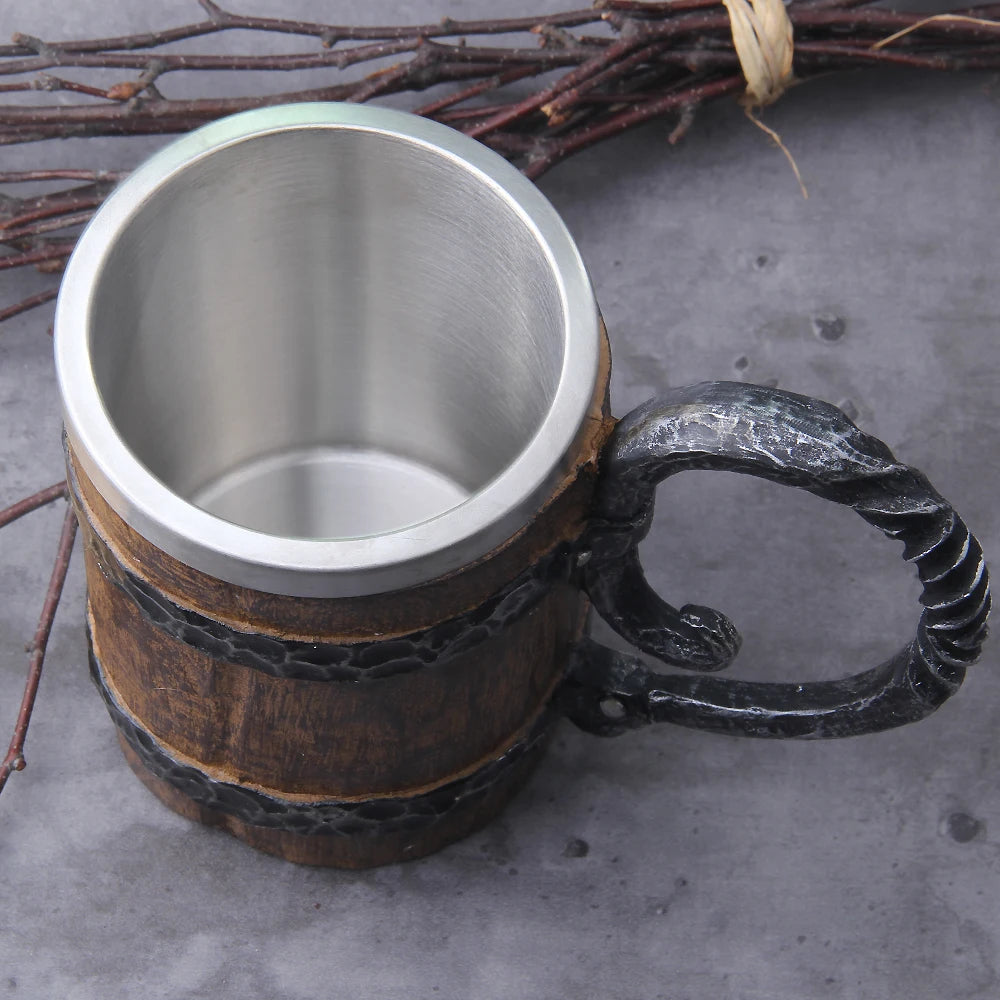 Viking Wood Style Beer Mug - Wooden Barrel Beer Cup Double Wall