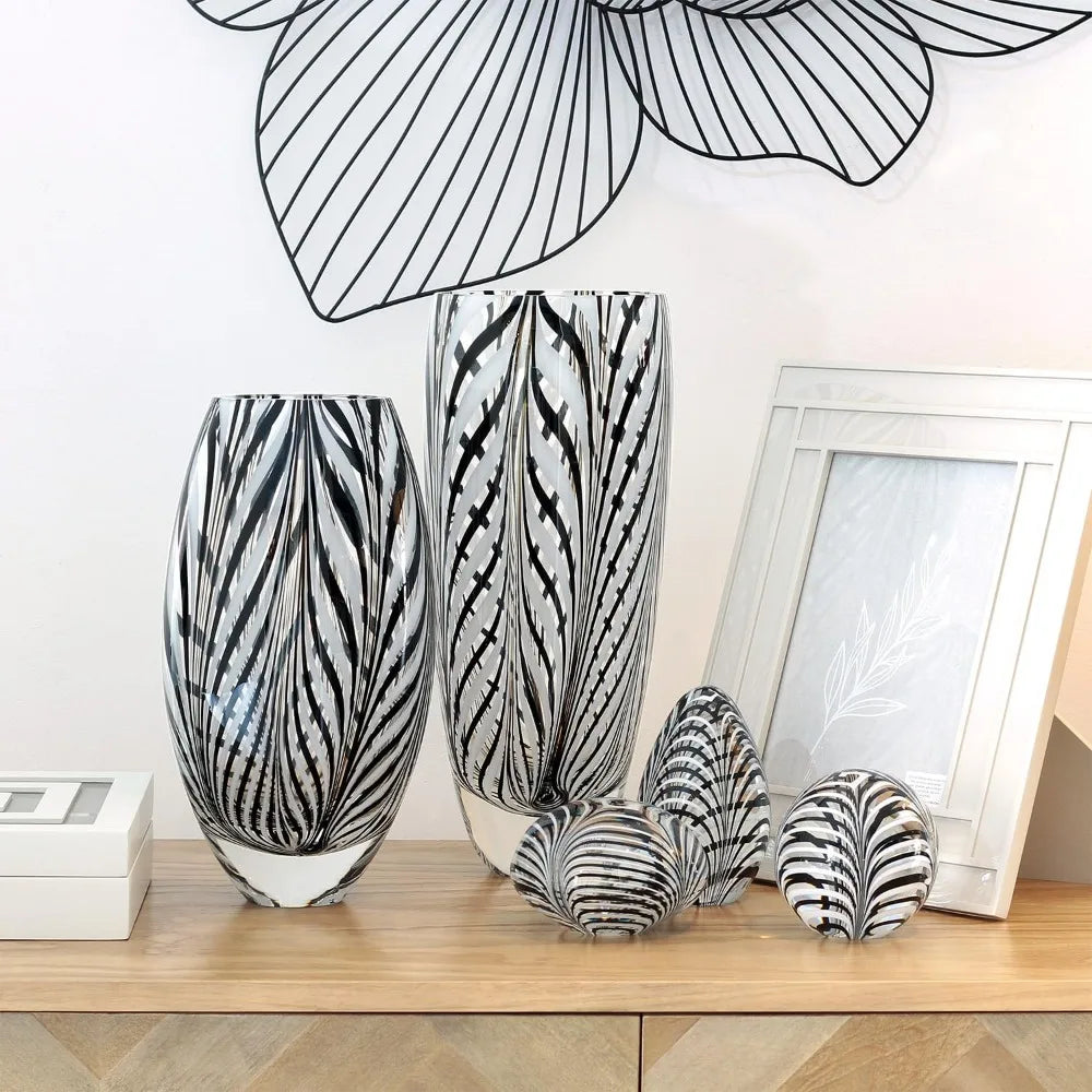 Glass Vase Black and White Feather Pattern Hand Blown