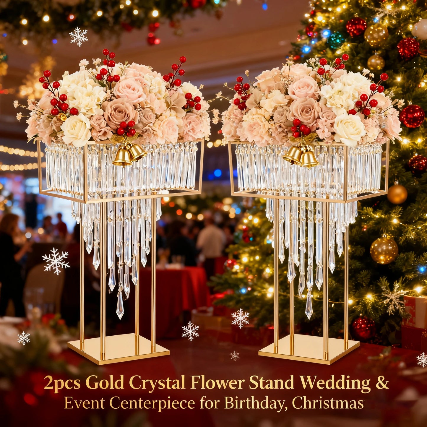 2pcs Tall Gold Crystal Centerpieces Metal Flower Stand