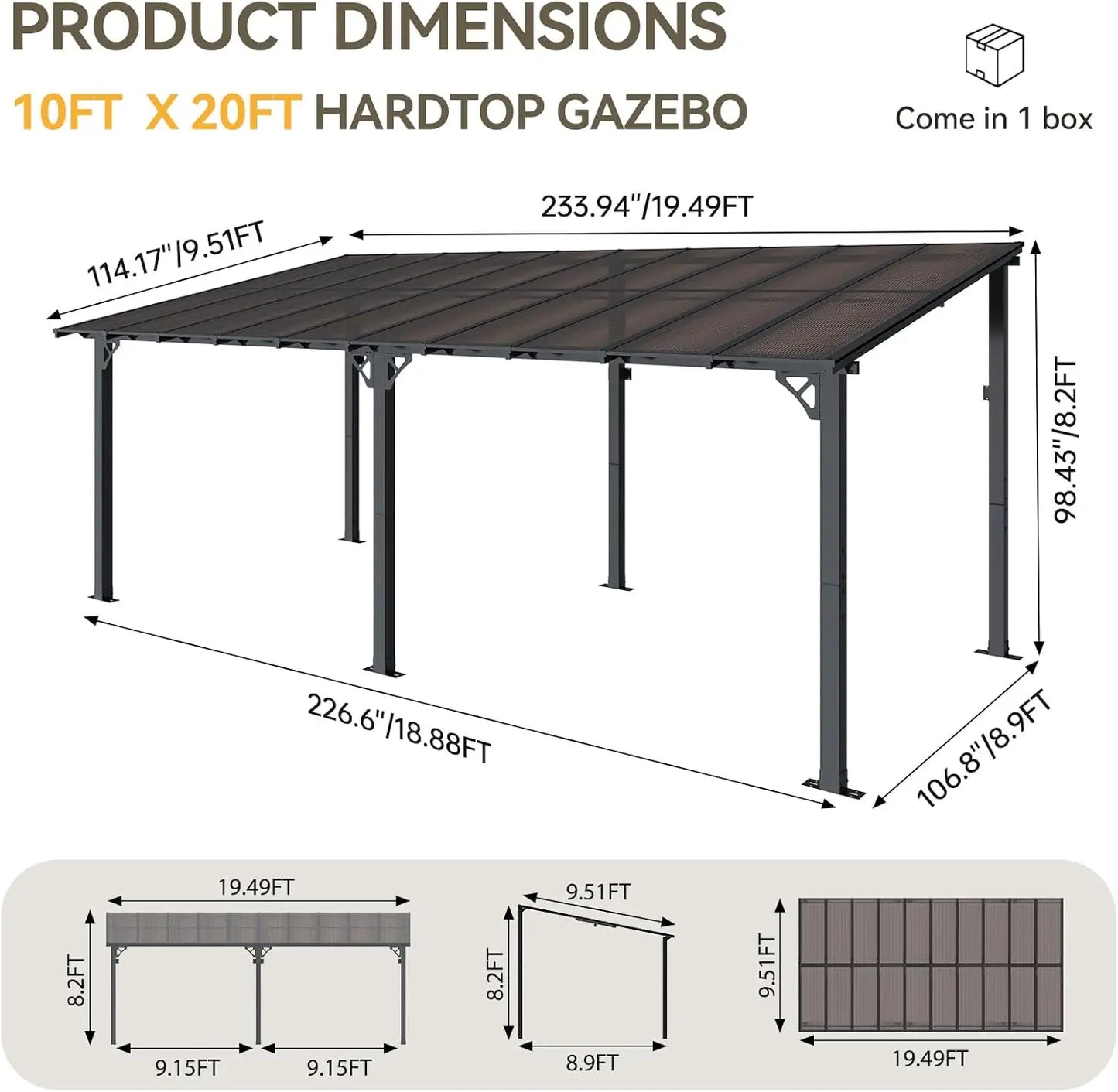 20' X 10' Gazebo for Patio, Gazebo Pergola with Sloped Roof