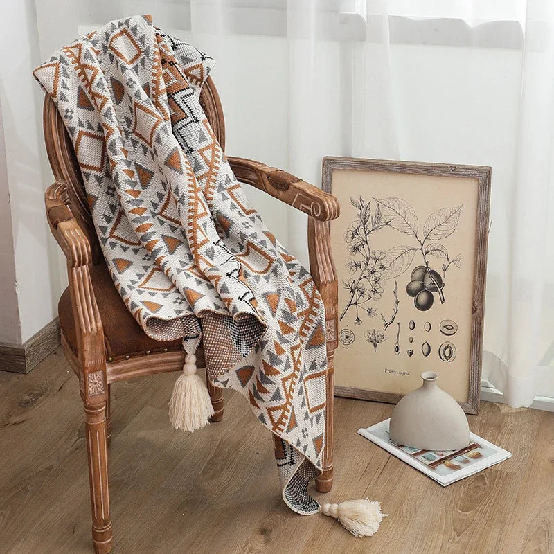 Boho Throw Blankets Knitted Brown Tassel