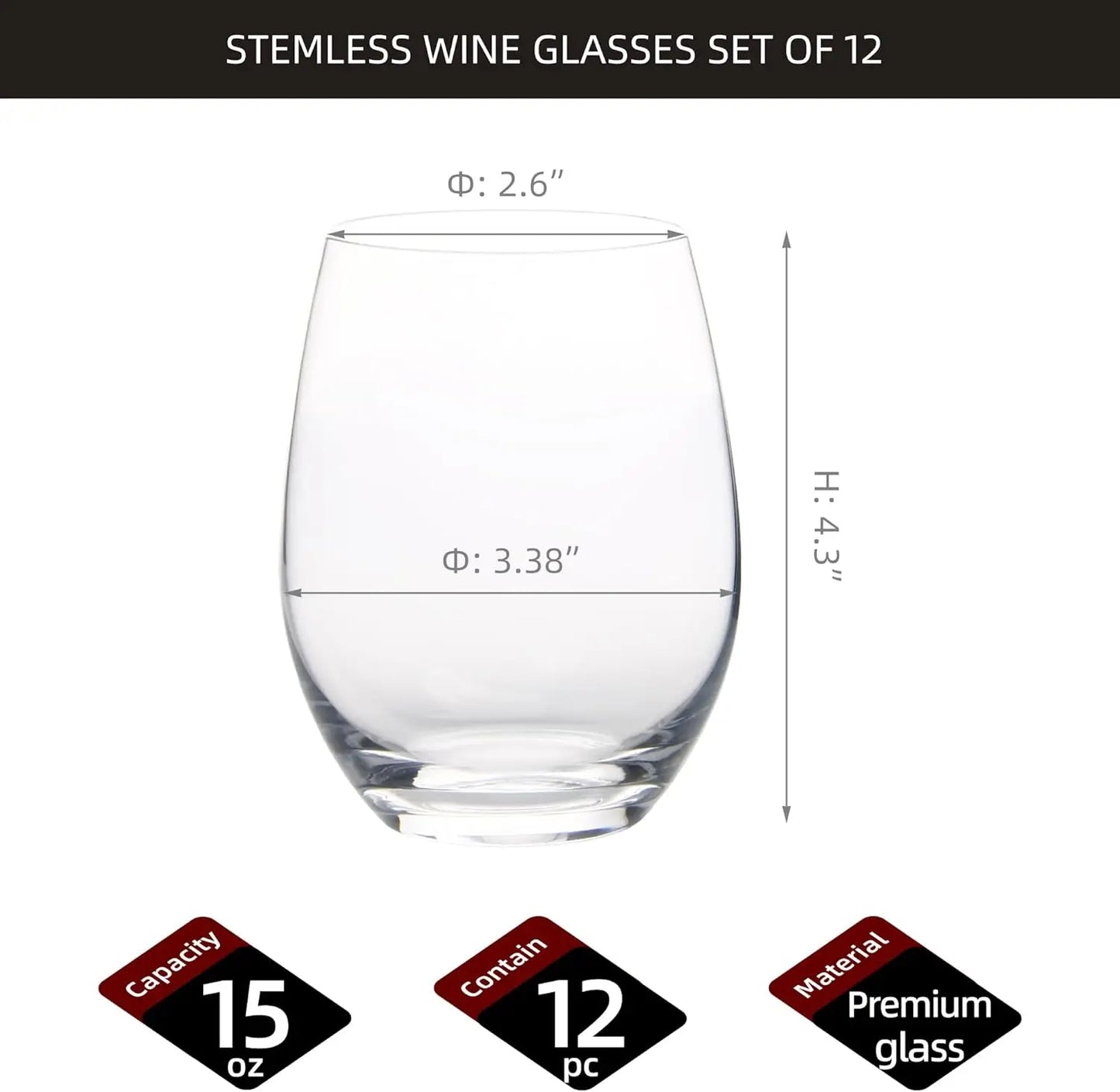 Stemless Wine Glasses Set of 12 15 Ounce Smooth Rim