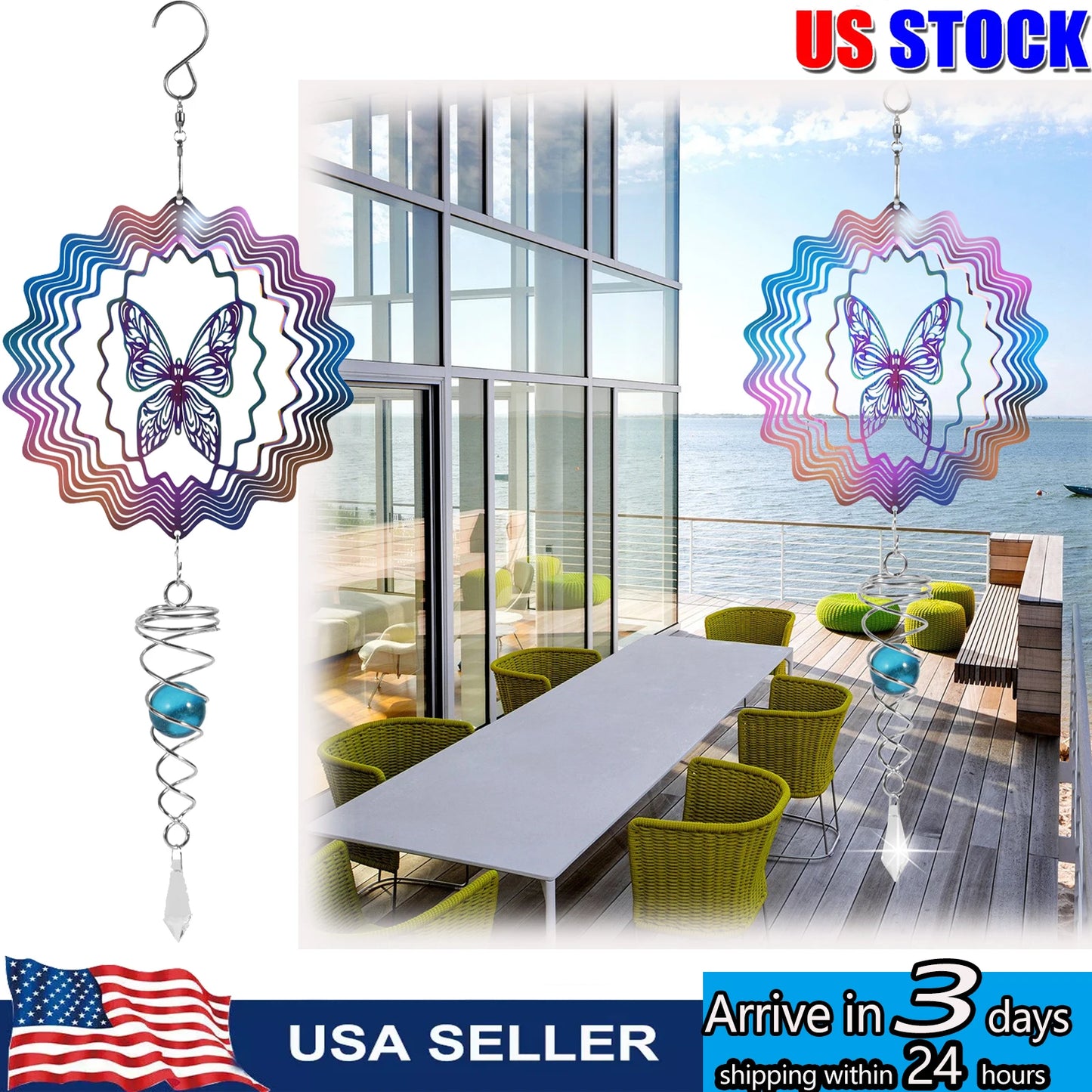 Hanging Wind Spinners Butterfly 3D Metal Rotating Windchime