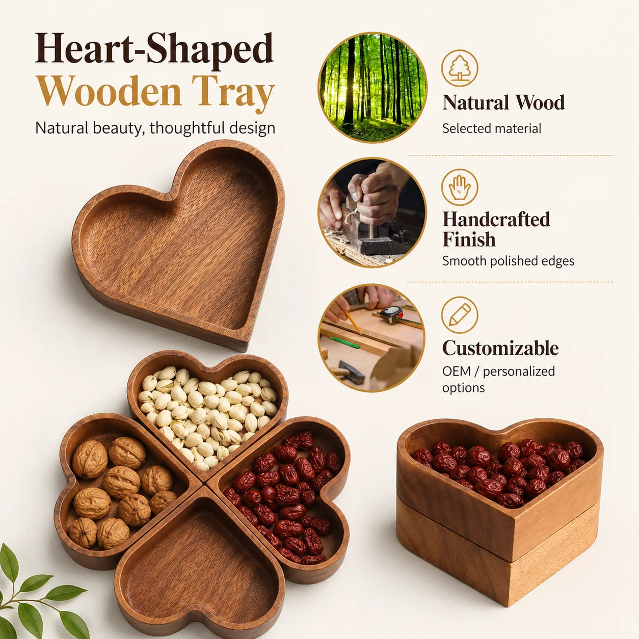 Heart Shaped Wooden Snack Tray Set Multipurpose Serving Bowl with Lid